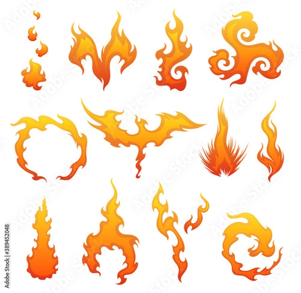 Fototapeta Set of red and orange fire flame. Collection of hot flaming element. Idea of energy and power. Isolated illustration.