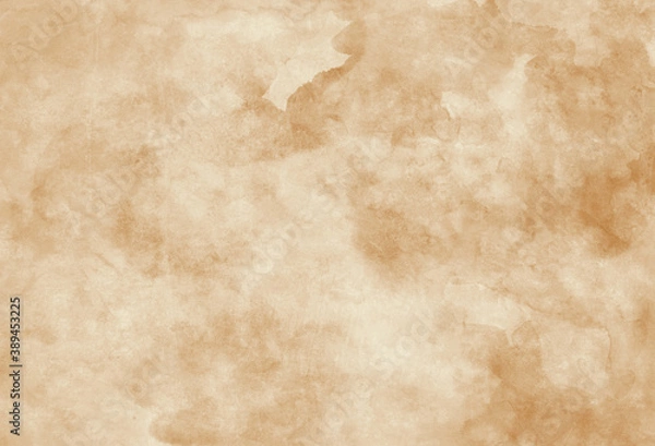 Fototapeta Old brown paper parchment background design with distressed vintage watercolor or coffee stains and ink spatter and white faded shabby center, elegant antique beige color
