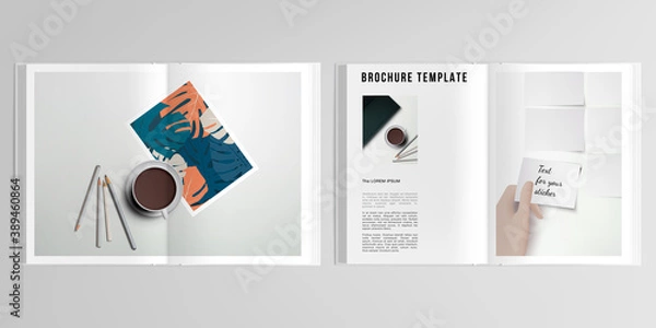 Fototapeta 3d realistic vector layout of cover mockup design templates for A4 bifold brochure, cover design, book design, magazine, brochure cover. Home office concept, study or freelance, working from home.