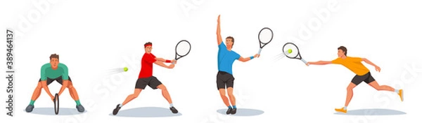 Fototapeta Set of tennis players holding a tennis racket and serving a ball. The athlete follows the flight of a ball with his eyes. Vector flat design character illustration