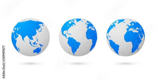Fototapeta Globe earth world vector map. 3d blue transparent digital planet round globe icon set