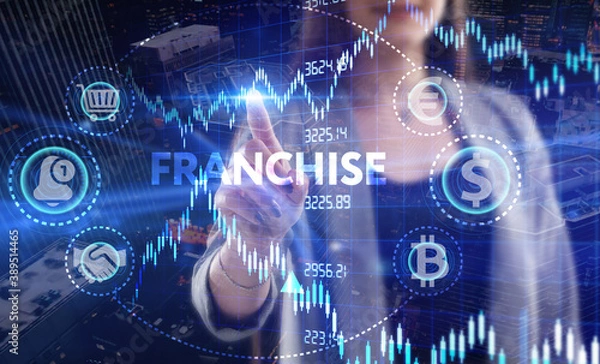 Fototapeta Business, Technology, Internet and network concept. Young businessman working on a virtual screen of the future and sees the inscription: Franchise