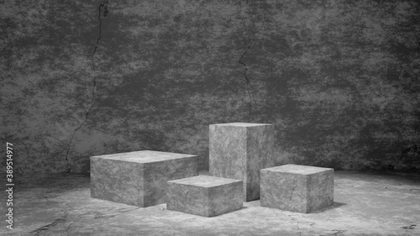 Obraz Concrete cube stands on gray wall background. Abstract minimal scene to show product on rough stone podiums. 3d render