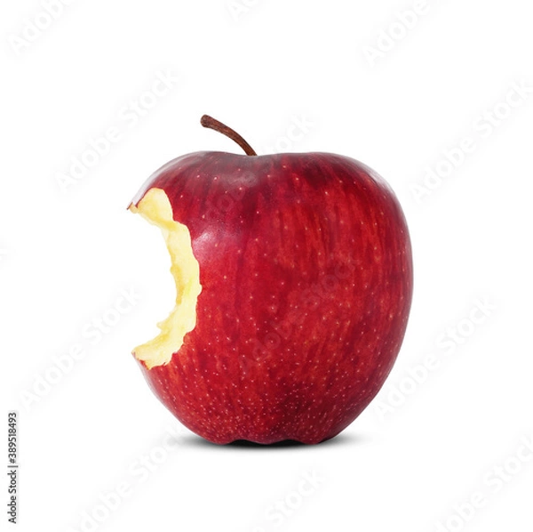 Fototapeta Red apple with missing a bite isolated on white background