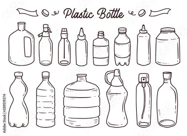 Obraz Set of plastic bottle line art drawing vector cartoon