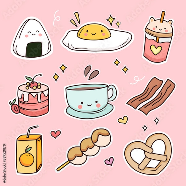 Obraz Cute breakfast food doodle sticker set vector