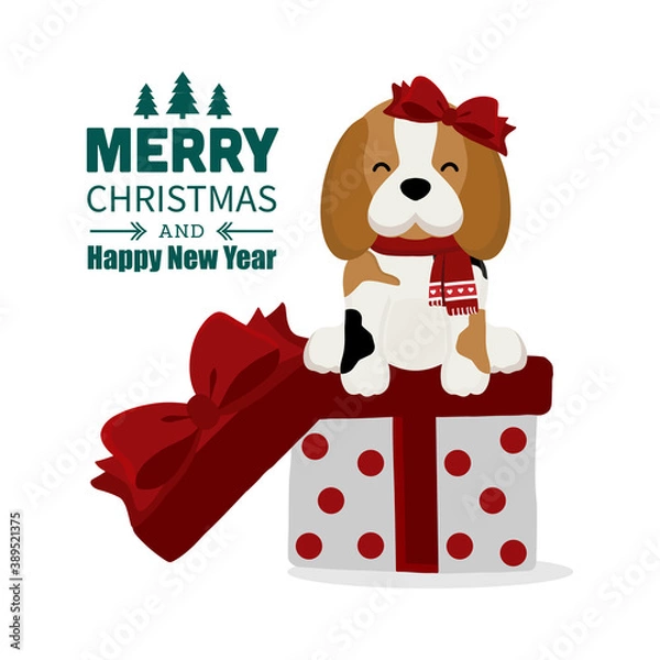 Obraz Christmas theme  Beagle wearing Santa cap hat.Vector illustration.