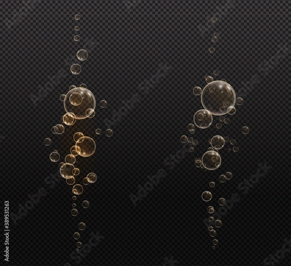 Fototapeta Gold fizzy bubbles. Sparkles champagne. Fizzy pop and effervescent drink. Abstract fresh soda and air bubbles, oxygen, champagne crystal. Vector illustration on black transparent background.