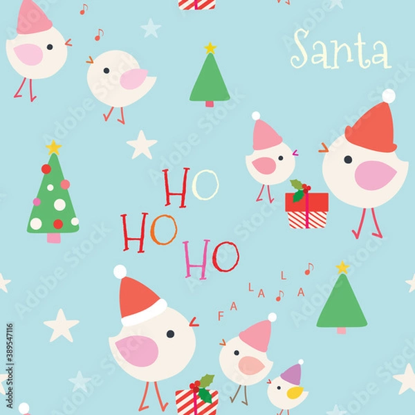 Fototapeta Cute colorful Christmas seamless pattern with Santa hats on happy birds, trees, presents and stars on blue background. Great for winter fabric, textile, holiday wrapping paper, scrapbooking. Surface