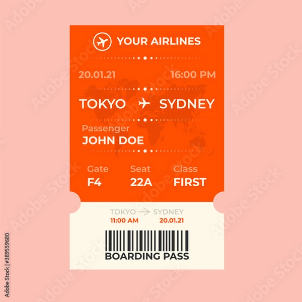 Fototapeta Modern airline ticket design with flight time and passenger name. Boarding pass vector illustration