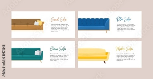 Fototapeta Set of advertising templates for sofa shop with a place for text. Horizontal banner design for couch shop. Promotion background with cozy furniture. Flat vector cartoon illustration