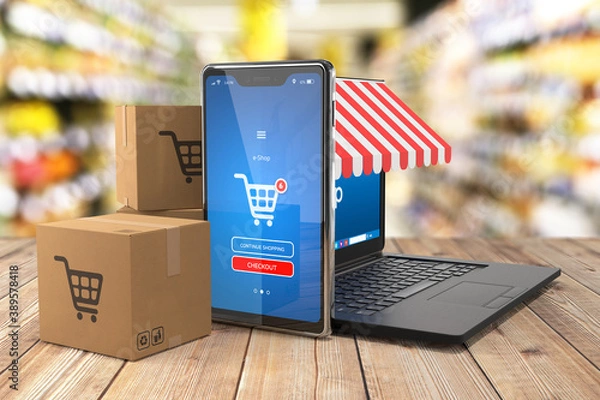 Fototapeta Laptop, smartphone and shipping boxes on table and shop interior in background - 3d illustration