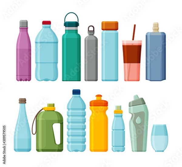 Fototapeta Set of different sport and plastic water bottles isolated on white