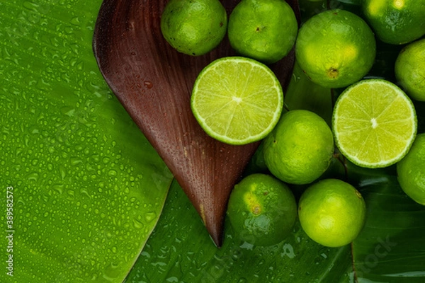 Fototapeta Pile of half and whole fresh lime juicy on green banana leaves with clearly water drop on surface