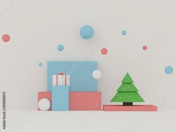 Fototapeta 3d render of New Year 3D illustration - green christmas  tree and gift box on a white background. Blank space at the top for text