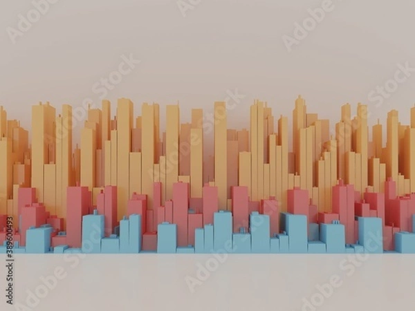 Fototapeta 3d render of Multi-colored 3D diagram - blue, red and yellow. Growth and rise in the form of a sillouette of high-rise buildings