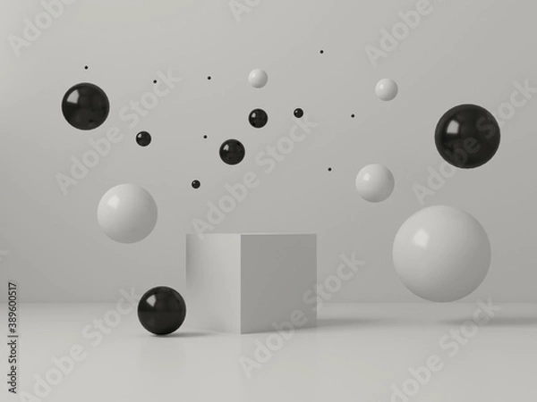 Fototapeta 3d render z minimalistycznym monochromatycznym martwa natura pola czarno-białych kulek na szarym tle. Baner na jasną witrynę lub reklamę.