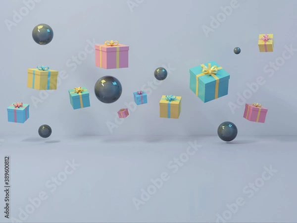 Fototapeta 3d render of Many gift boxes of different sizes fly in the air together with gray balloons on a gray background. Empty space for text below