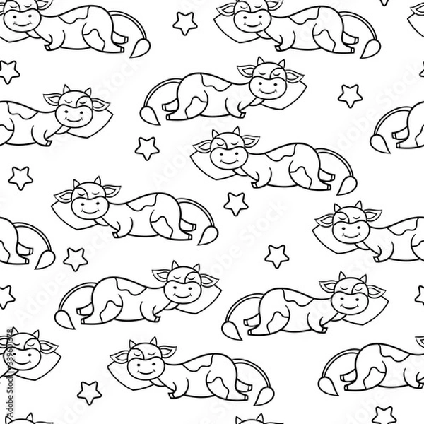 Fototapeta Seamless pattern with a cute cow sleeping on a pillow, coloring page