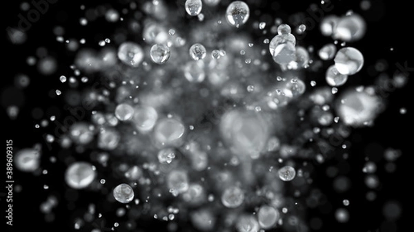 Obraz Explosion of water droplets into the camera in slow motion on an isolated black background. 3d illustration