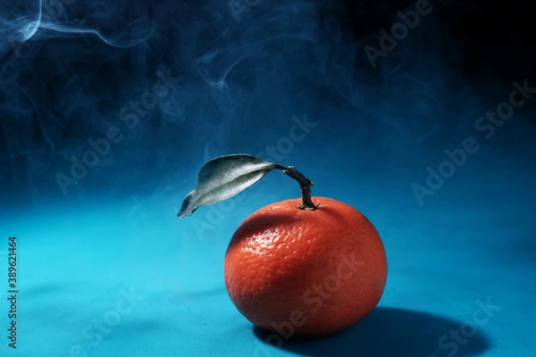 Fototapeta One fresh tangerine with leaves lies on a blue wooden table. Mysty photography with empty space for text