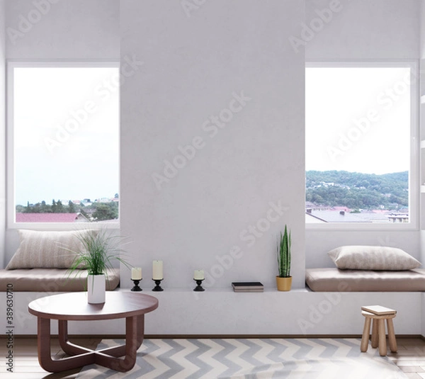 Fototapeta Wall mock up in living room. Scandinavian interior. 3d rendering, 3d illustration