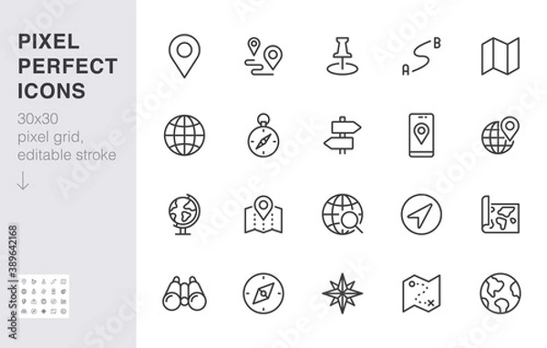 Fototapeta Location line icon set. Compass, travel, globe, map, geography, earth, distance, direction minimal vector illustration. Simple outline sign navigation app ui 30x30 Pixel Perfect Editable Stroke