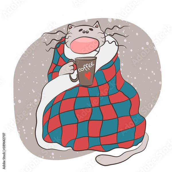 Fototapeta Funny cat wrapped in a red blue blanket with a cup of coffee vector illustration