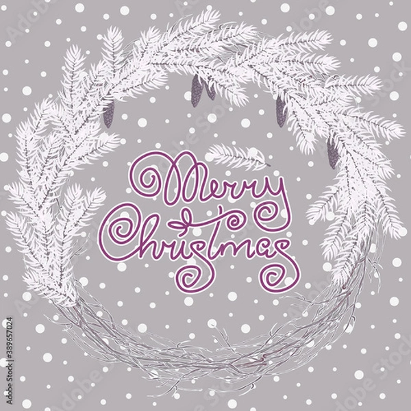 Fototapeta Vector illustration with christmas wreath with pine and pinecones. Merry Christmas text. White dots on grey background