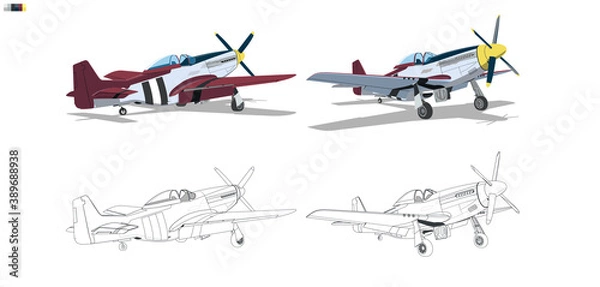 Fototapeta Samolot tłokowy na sprzęcie do lądowania. Widok z przodu i tyłu. Samolot jest gotowy do wystartowania. Wojskowy wojownik w stylu wektorowym. Wysokiej jakości rysunek. Malarstwo samolotu. Ilustracja wektorowa EPS 10