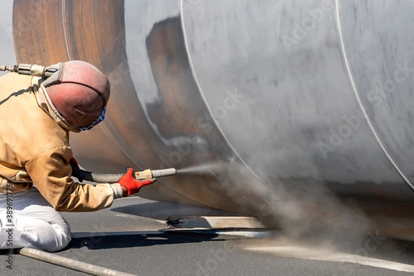 Fototapeta View of the sandblasting or abrasive blasting. Abrasive blasting, more commonly known as sandblasting, is the operation of forcibly propelling a stream of abrasive material against a surface.