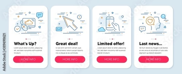 Fototapeta Set of Technology icons, such as Cloud computing, Scroll down, Mouse cursor symbols. Mobile screen mockup banners. Romantic talk line icons. Computer storage, Swipe phone, Click arrow. Vector