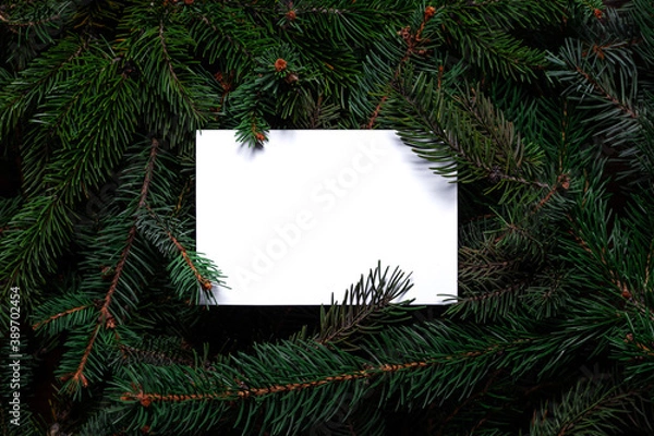 Fototapeta Christmas tree branches with white paper card note. Nature New Year concept. Merry Christmas card, background. Congratulations, holidays, celebration. Mock up, copy space, flat lay.