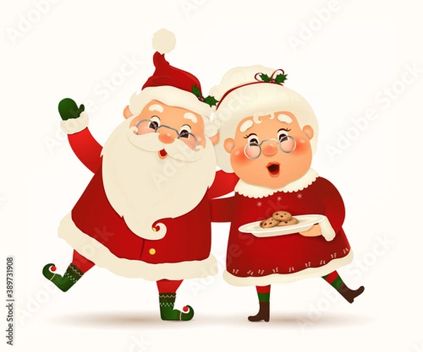 Fototapeta Mrs. Claus Together. Vector cartoon character of Happy Santa Claus and his wife isolated. Christmas family celebrate winter holidays. Cute, funny Santa Claus with Mrs. Claus waving hands and greeting