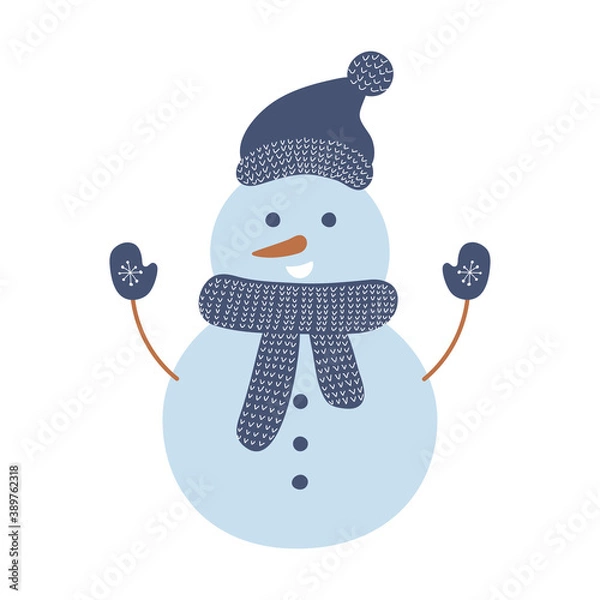 Fototapeta Hand drawn snowman with hat and scarf isolated on white background. Vector illustration