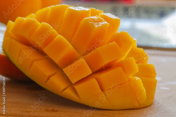 Obraz Haden mango cube cut green and red color mango close up.