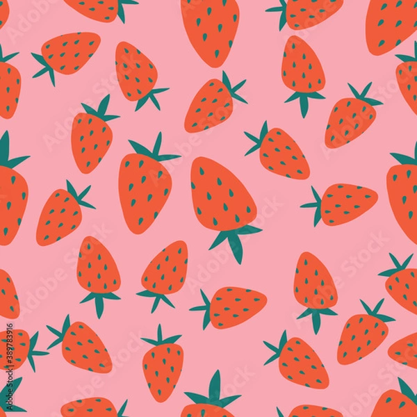 Obraz Seamless pattern of fresh red strawberries with pink background - Vector illustration seamless repeat.