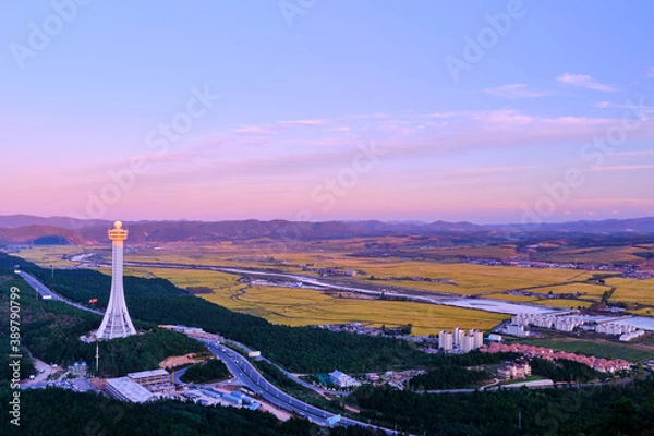 Fototapeta Autumn scenery of rice fields in Yanji, Yanbian, China