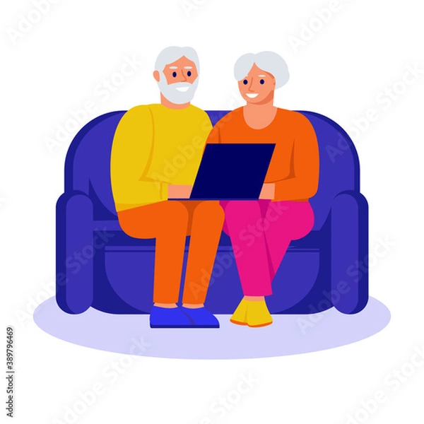 Obraz Elderly couple on the couch with a laptop. Vector illustration in flat style. Isolated on white.
