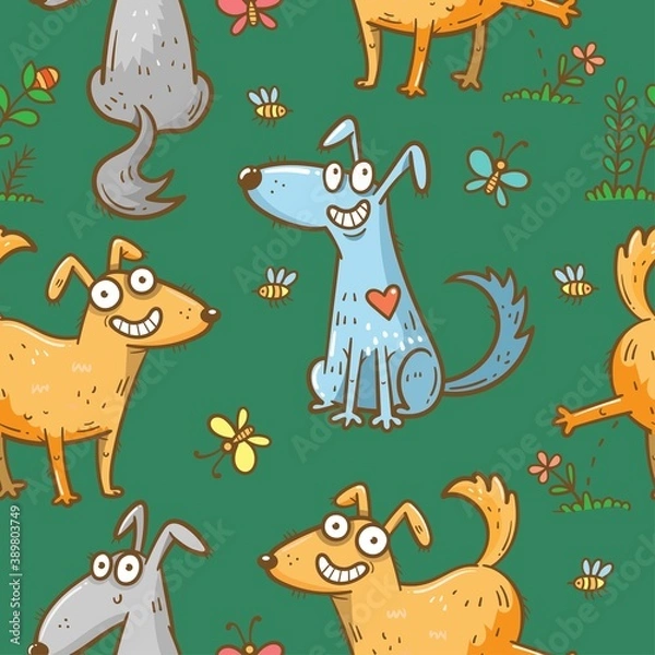 Obraz Seamless pattern with cute cartoon dogs on green background. Funny puppies are walking in nature. Print with joyful animals. Vector doodle wallpaper.