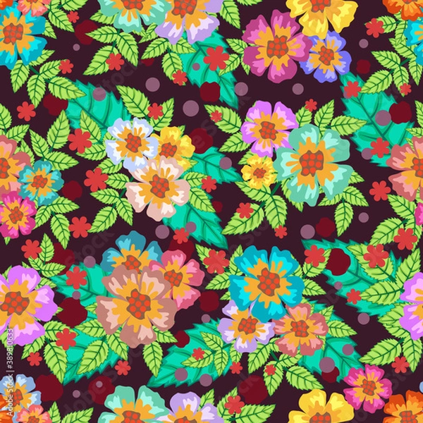 Obraz Seamless pattern flowers and leaves colourful background.