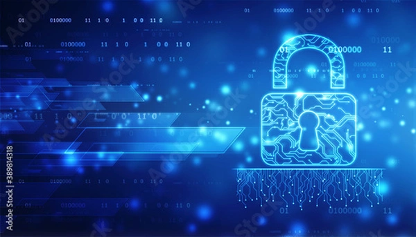 Fototapeta Closed Padlock on digital background, Technology security concept. Modern safety digital background. Lock Protection system, Cyber Security and information or network protection