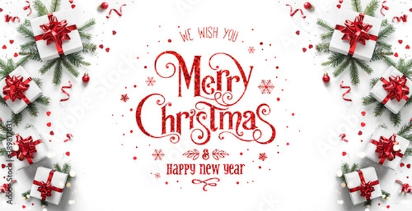 Fototapeta Merry Christmas and Happy New Year text on white background with gift boxes, ribbons, red decoration, fir branches, bokeh, sparkles and confetti. Xmas greeting card, bokeh, light. Top view, banner