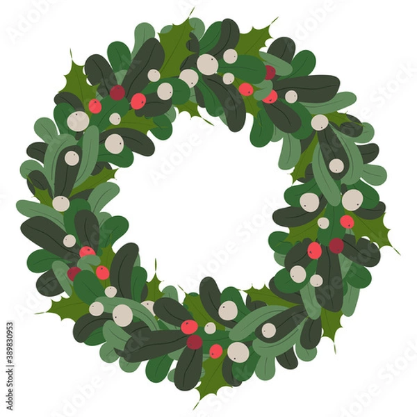 Fototapeta Merry Christmas and Happy New Year vector stock illustration in flat style. Greeting card element with winter floral. Christmas wreath isolated on white background for your winter design.
