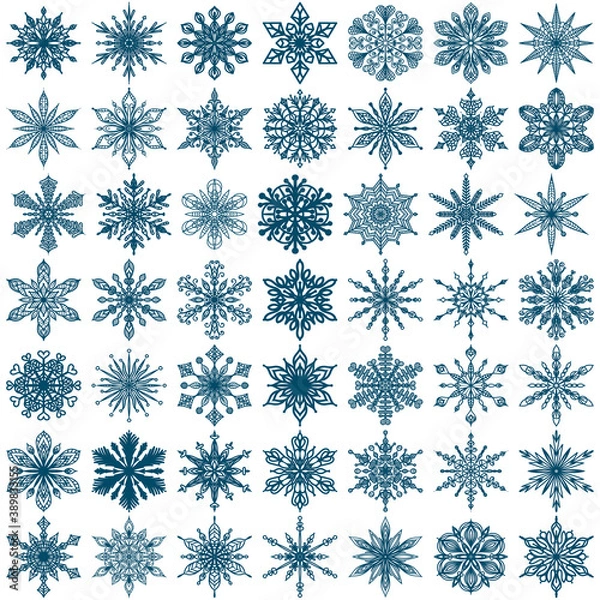 Obraz Set of 49 snowflakes. Collection of vector icons of winter blue on white background.