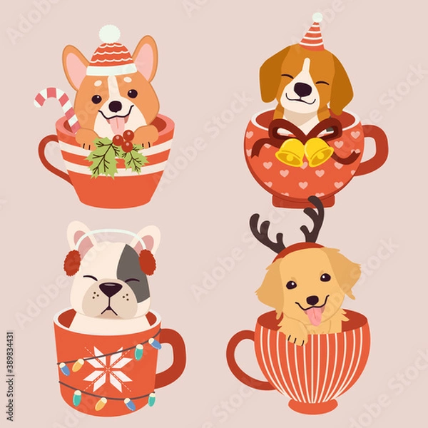 Fototapeta The collection of cute dog sitting in the mup cup withh christmas party theme. Graphic resource for graphic,content , banner, sticker label and greeting card.