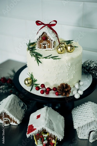 Fototapeta white christmas cake in bakery