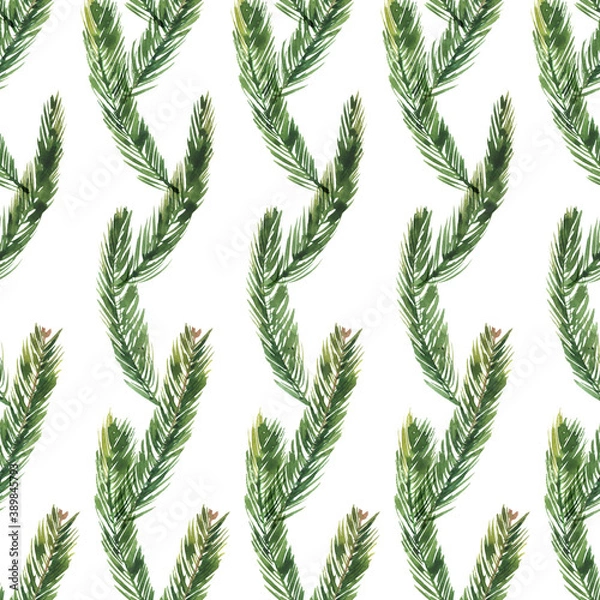 Obraz Christmas watercolor seamless pattern of fir branches on a white background. Hand drawn illustation.