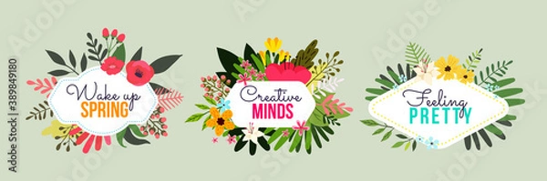 Obraz Vector set of romantic illustration with beautiful flower, berry and leaves around frame on green background.