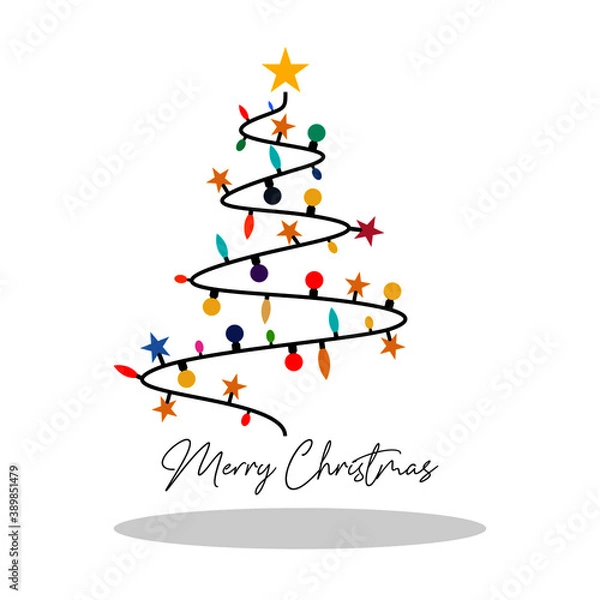 Fototapeta Christmas lights in shape of christmas tree. Merry Christmas lettering. Vector Illustration EPS 10.